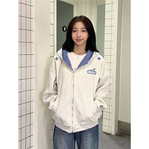 网图现货 美式宽松复古格子拼接连帽宽松卫衣W1083/P55图片