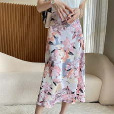醋酸缎面真丝半身裙女2023春夏新款桑蚕丝高腰A字中长款印花长裙，女装半身裙，朝贺羊绒
