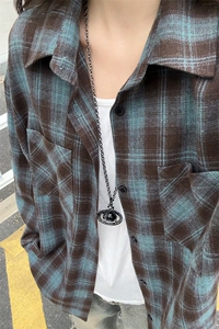 秋季新款格子翻领时尚长袖衬衫外套男潮流宽松C5453-特P30控58图片