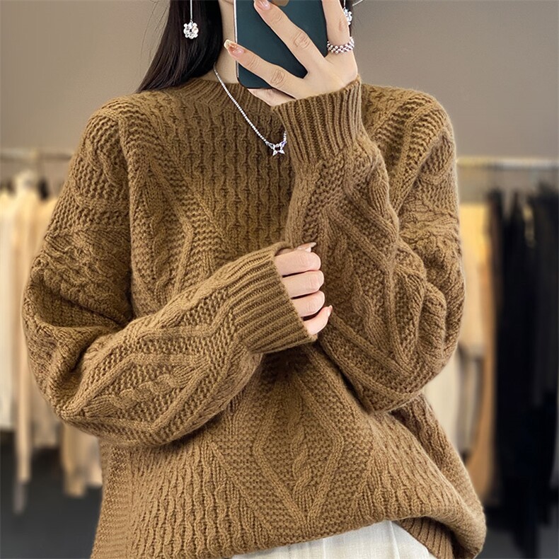 圆领绞花100%纯羊毛衫女秋冬新款加厚长袖毛衣宽松慵懒羊绒打底衫,女装羊毛衫,琳华羊绒