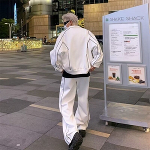 休闲运动套装男春秋宽松短款开衫夹克阔腿裤潮两件套男W6481-P72图片