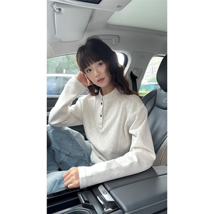 抖音得物品质美式高街重磅曼巴棉拼接cleanfit亨利领卫衣长袖T恤
