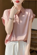 2025新款醋酸缎面短袖衬衫女休闲时尚百搭法式小众感别致上衣半袖，女装衬衫，朝贺羊绒