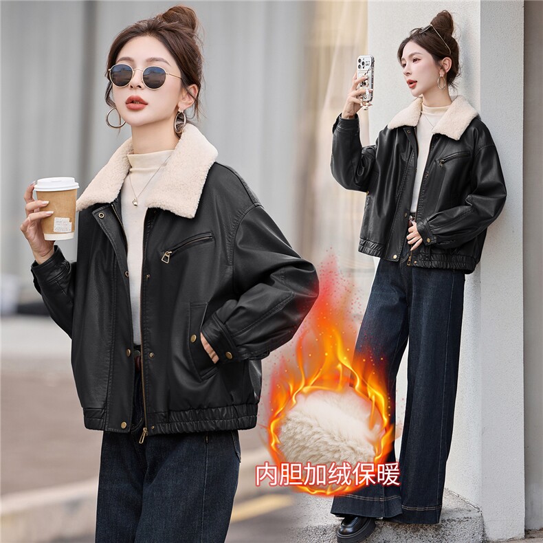 皮夹克外套冬季爆款2025秋冬加厚宽松加绒时尚皮毛一体皮衣女装潮,女装皮衣,梦依缘