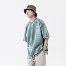 南夏乔装2025夏款潮流条纹圆领T恤日系cityboy抽绳装饰宽松半袖男，男装T恤，电商S006（B521）