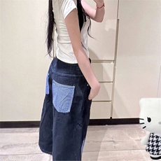 美式刺绣小鸟七分牛仔裤女夏季新款宽松阔腿百搭牛仔短裤，男装牛仔裤，星座601-1