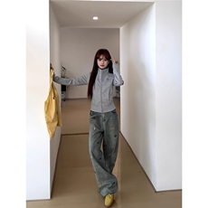 夏季趣味小狗刺绣阔腿牛仔裤女夏季新款宽松直筒裤A8052-P47，男装牛仔裤，星座208-5