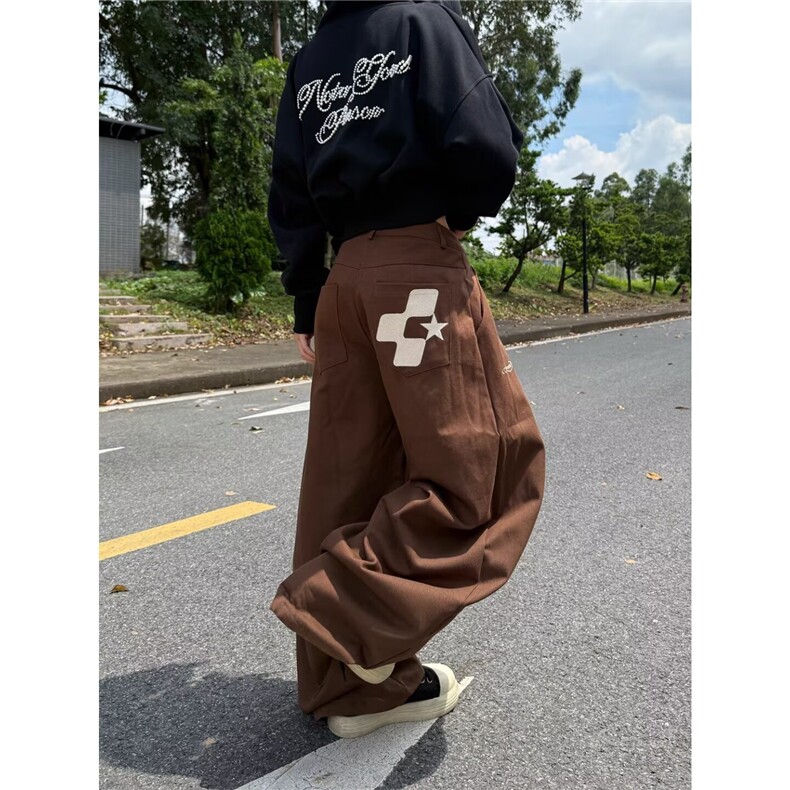 现货美式复古格纹腰带弯刀休闲裤女刺绣设计阔腿慵懒宽松长裤图片