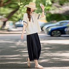 新中式国风套装女2025夏季新款独特漂亮休闲大方得体阔腿裤两件套，女装套装/套裙，微微衣阁