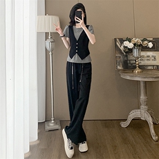 韩版时尚休闲运动套装女夏新款圆领马甲假两件上衣抽绳阔腿裤套装，女装套装/套裙，2C310