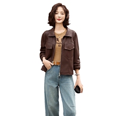 高级感复古休闲皮衣女春季新款短款气质宽松美式夹克上衣外套，女装皮衣，江南女神