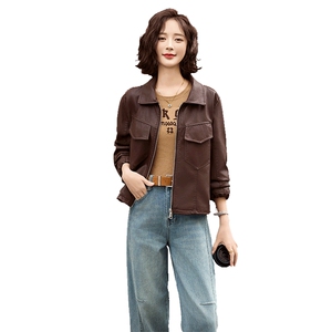 高级感复古休闲皮衣女春季新款短款气质宽松美式夹克上衣外套图片