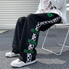直筒休闲裤男拼接格子高街运动潮牌ins百搭青少年裤子K0304-P35，男装休闲裤，星座308B-1