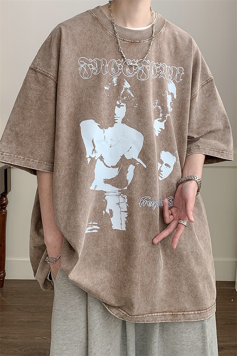 抖音供货、210克现货水洗棉印花宽松版短袖T恤D223A-ST2325-P35,男装T恤,电商019-1
