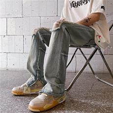 黄泥染复古破洞牛仔裤男夏季vibe高街直筒薄款长裤修身微喇乞丐裤，男装牛仔裤，星座601-2