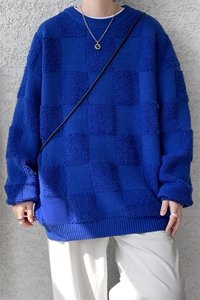 8XL-M特大码美式街头设计感毛巾绣格子毛衣男女情侣MY1204P50控68图片
