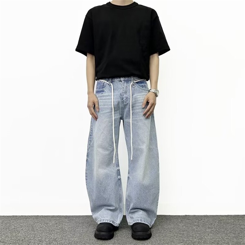 2026美式复古蓝色水洗弯刀牛仔裤男女情侣抽绳裤子K70966-P48网图图片