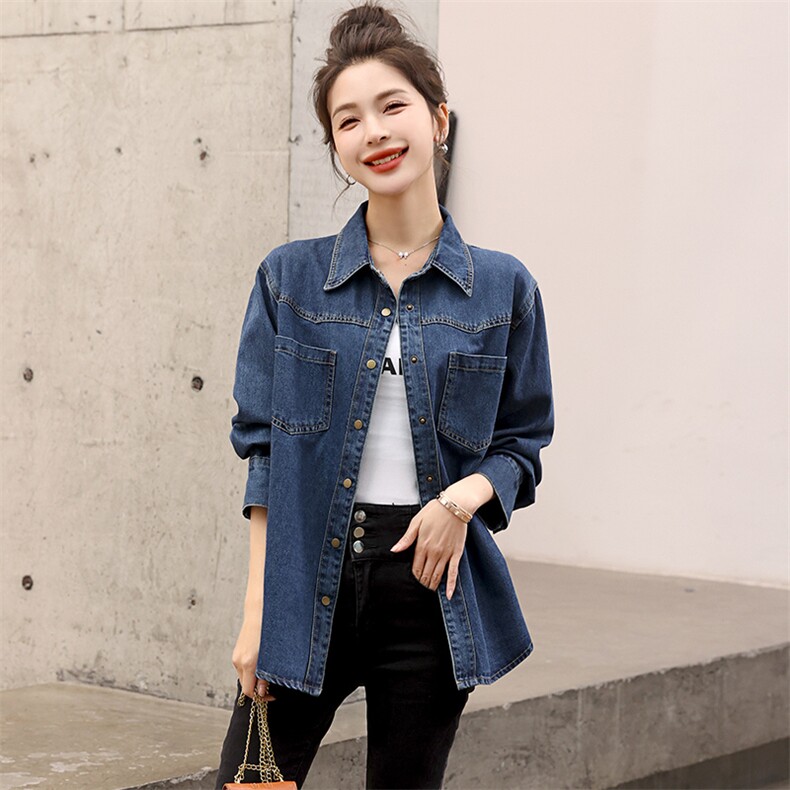 夏女装官网新款2025春季韩版休闲外套翻领中长款女士牛仔外套,女装衬衫,浙宝2-166