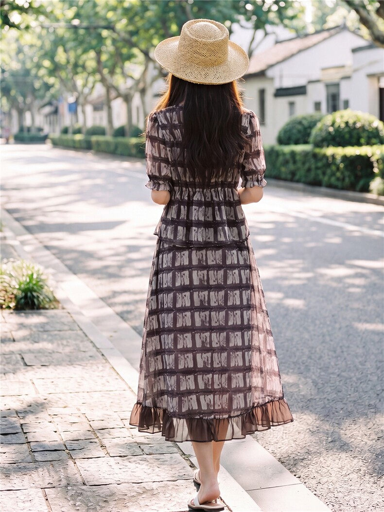 时尚休闲格纹显瘦系带上衣木耳边半裙超仙两件套女,女装套装/套裙,水衣源