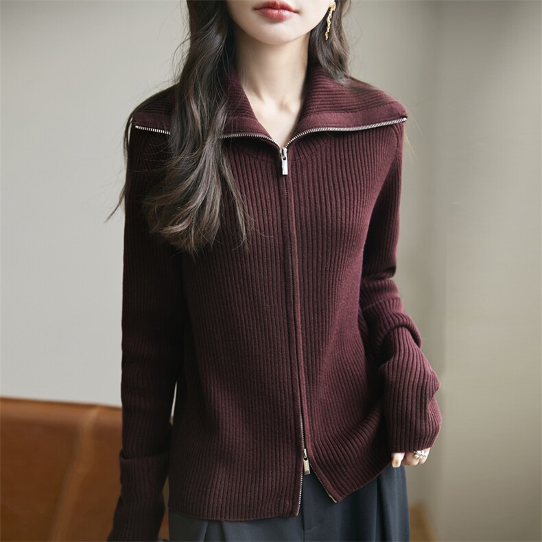 翻领长袖纯色拉链修身2025年春季羊毛针织衫，女装羊毛衫，东远绒业