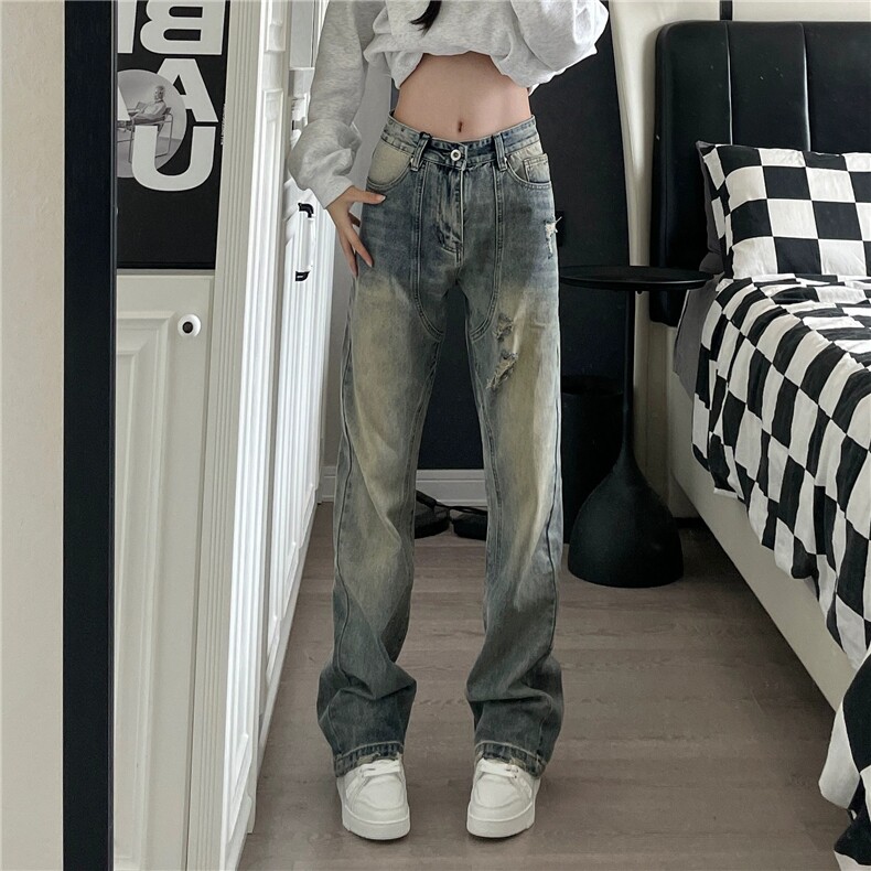 美式复古水洗做旧破洞牛仔裤男女显瘦直筒宽松阔腿长裤G8077-p48,男装牛仔裤,星座1008