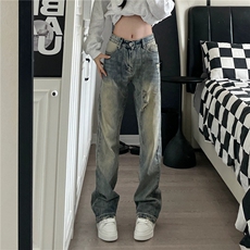 美式复古水洗做旧破洞牛仔裤男女显瘦直筒宽松阔腿长裤G8077-p48，男装牛仔裤，星座1008