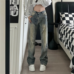 美式复古水洗做旧破洞牛仔裤男女显瘦直筒宽松阔腿长裤G8077-p48图片