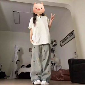 美式刺绣牛仔裤男款春秋夏季宽松直筒水洗做旧长裤W630_P39图片