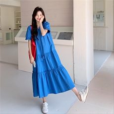 韩版学院风泡泡袖连衣裙女2025夏季新款层次感拼接甜美显瘦长裙子，女装连衣裙，2C201
