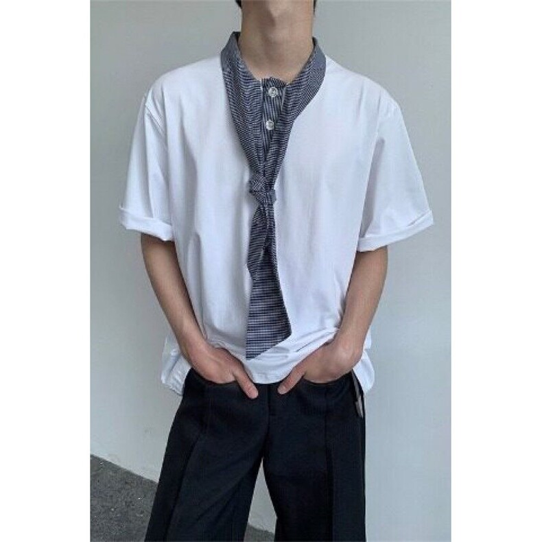 夏季松弛感飘带丝巾领拼接短袖polo衫男宽松领带T恤T81-P40,男装Polo衫,星座1001-1