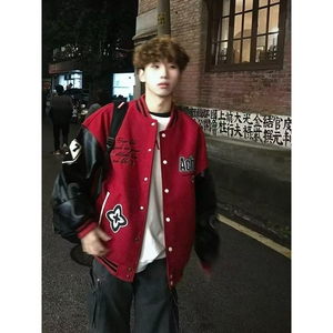 美式高街红色字母刺绣棒球服夹克男女秋冬季百搭重磅情侣外套图片