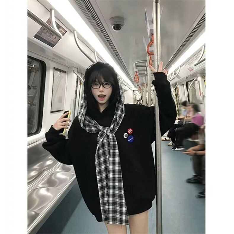 格子披肩美式复古假两件连帽卫衣男女秋冬2025新款宽松情侣上衣,男装卫衣,星座506A