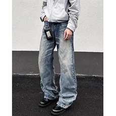 做旧猫须纹垂感牛仔裤秋季宽松cleanfit长裤男女NZA963，男装牛仔裤，星座516A