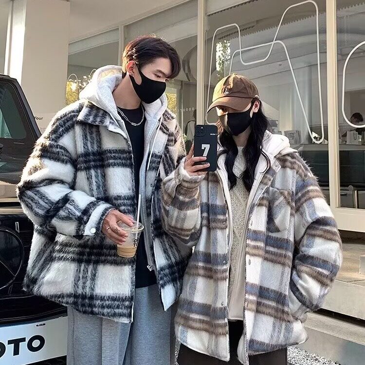 棉服潮牌连帽美式加厚复古格子宽松型时尚潮流ins翻领简约常规,男装棉衣,星座218-1（原230）