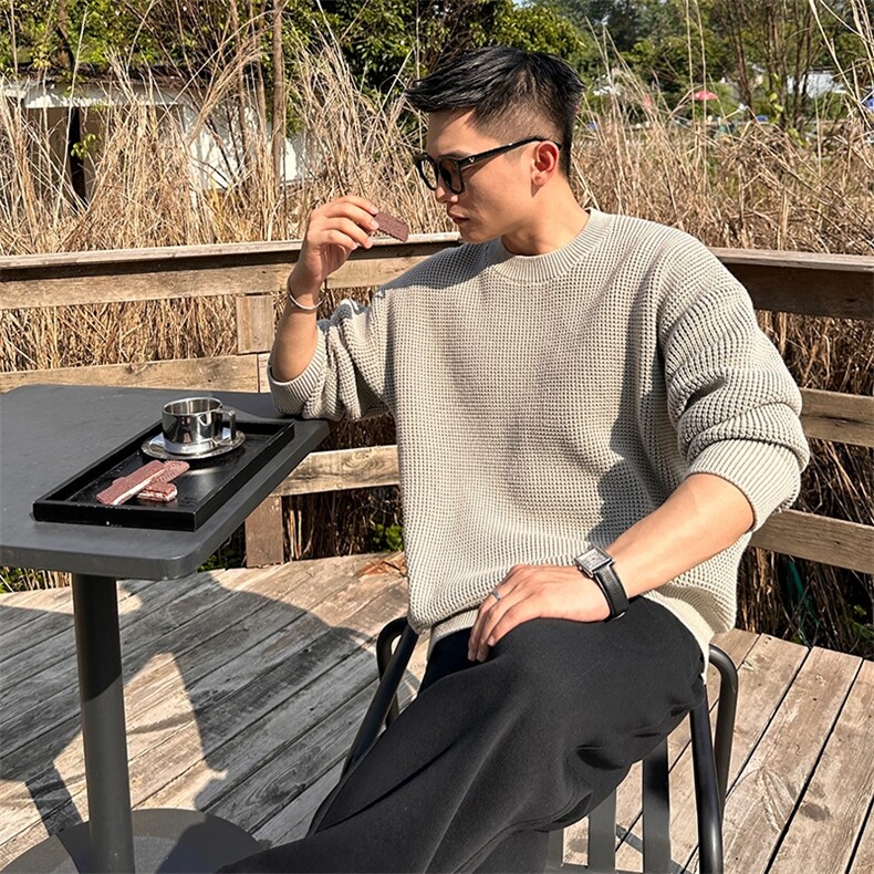 网图M895-特P55韩版华夫格冬季毛衣男士保暖加厚针织衫毛线衣图片
