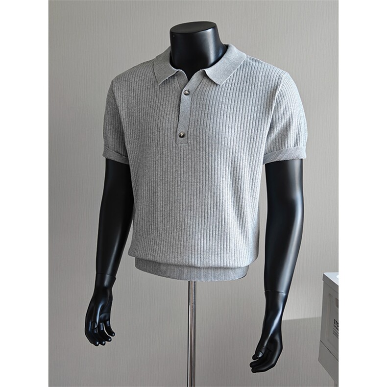 盗图老钱风新贵坑条纹纯色翻领针织短袖POLO衫E77154/P55控78，男装T恤，电商A243