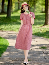 淑女风格纹连衣裙女春夏收腰显瘦中长裙格子裙子，女装连衣裙，水衣源