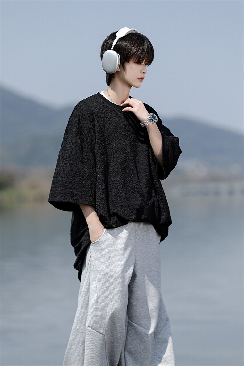 8XL-M特大码短T恤泡泡袖肌理感冰丝短袖衬衫上衣五分袖DX322P25,男装T恤,电商D206-1