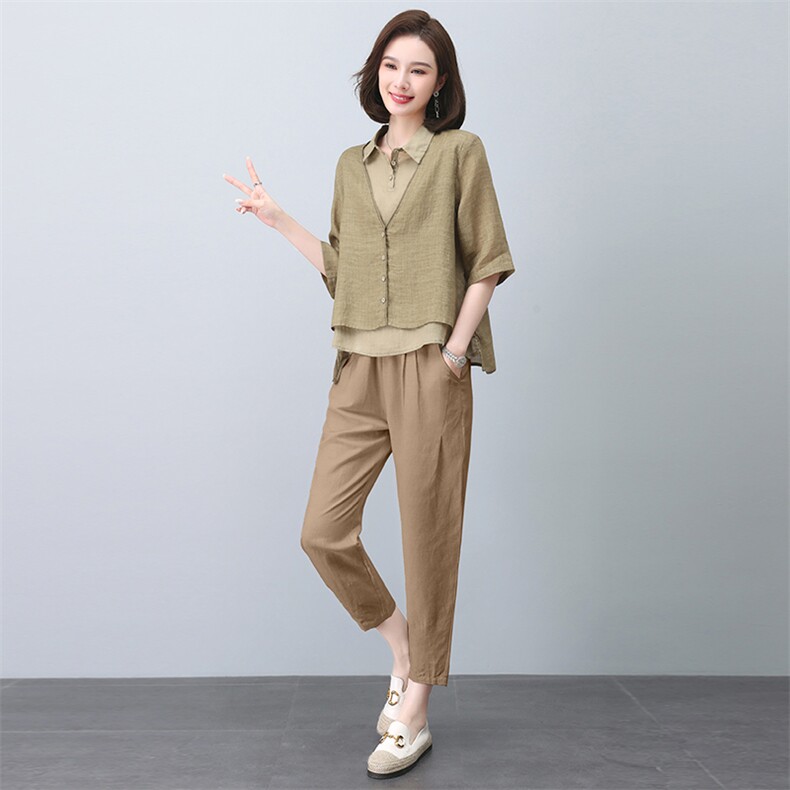 时尚休闲棉麻套装女2025夏季新款中年妈妈苎麻衬衫减龄亚麻两件套,女装套装/套裙,忆绮罗