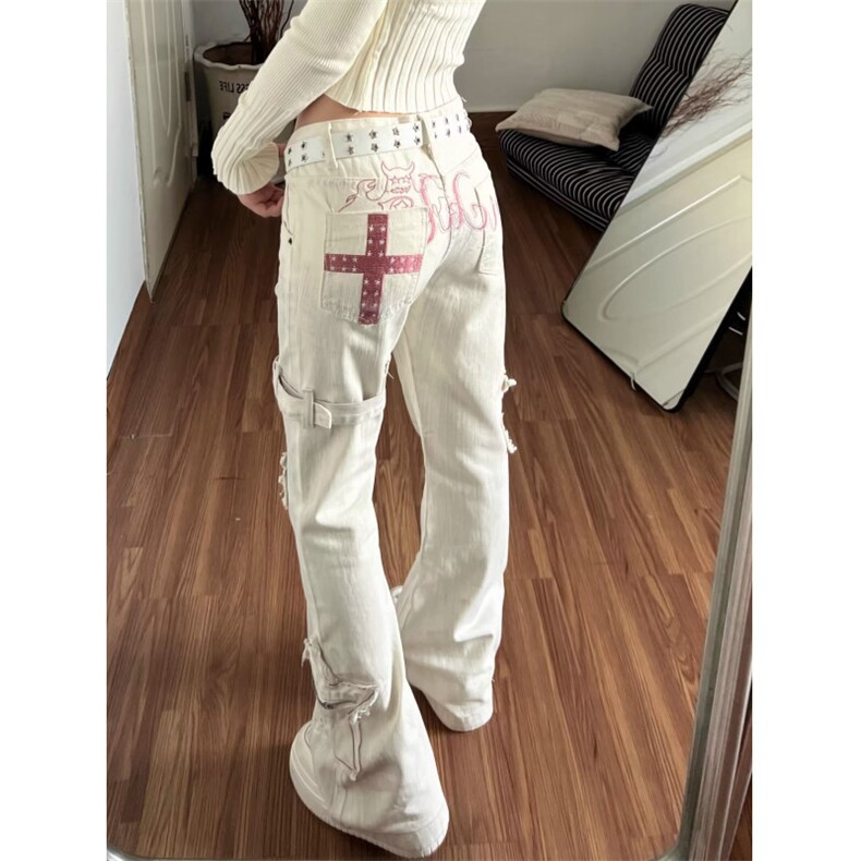 小众米白色做旧微喇牛仔裤裤子2026春季新款修身显瘦喇叭裤袜，袜子，四季星座505