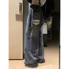 美式复古字母印花牛仔裤男女秋季新款高街松紧腰阔腿直筒裤NZX54，男装牛仔裤，星座516A