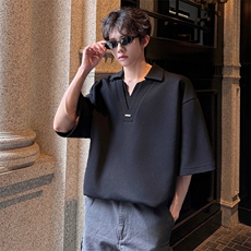 夏季港风宽松假两件V领POLO衫潮短袖T恤衫XZ811A-T145-P45，男装T恤，星座811A