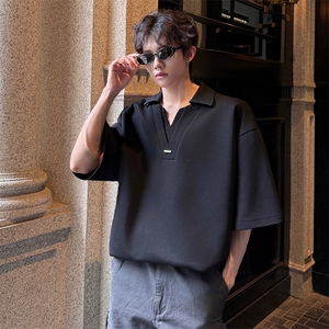 夏季港风宽松假两件V领POLO衫潮短袖T恤衫XZ811A-T145-P45图片