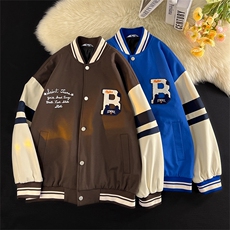 港风毛毯上衣夹克宽松落肩拼色棒球服外套JK712-P75，男装夹克，星座1204-3