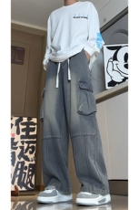 直筒美式工装牛仔裤男秋季新款痞帅大口袋拼接裤子-A1158P55控88，男装牛仔裤，电商B241