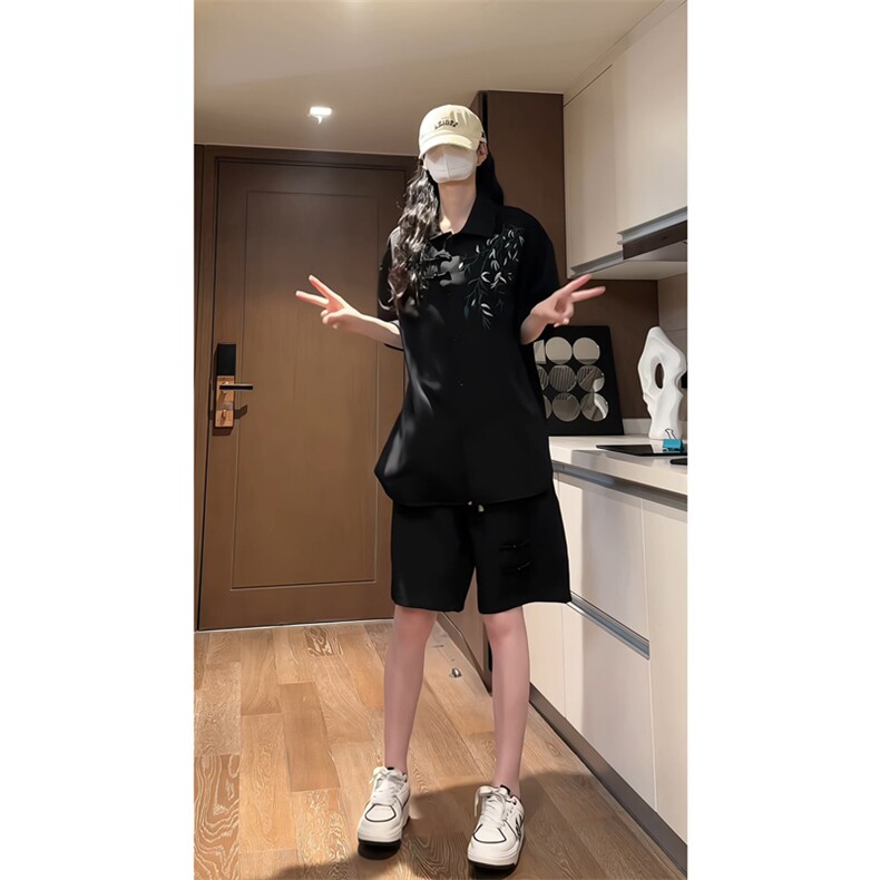 量大优供视频新风刺绣花冰丝短裤短袖套装衬衫男CP55-特p61,男装衬衫,电商B371