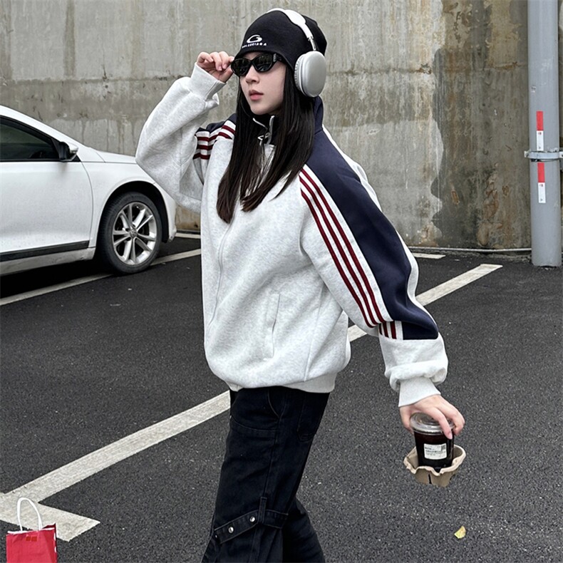 抖音得物高品质26春装美式高街重磅织带拼接撞色立领卫衣外套CM41,女装短外套,电商A486