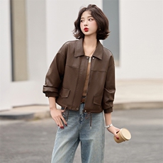 2025春季新款韩版休闲翻领短款皮衣抽绳外套女宽松百搭夹克上衣潮，女装皮衣，潮流依族