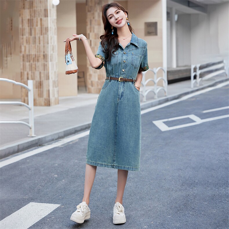 气质牛仔连衣裙女夏薄款短袖2024新款休闲复古宽松高级感收腰显瘦图片