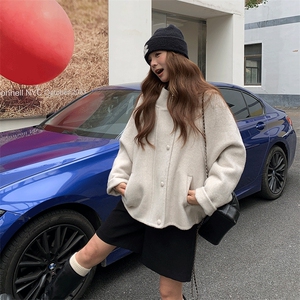 米白色连帽短款毛呢外套女2025冬季新款韩系简约宽松百搭呢子上衣图片